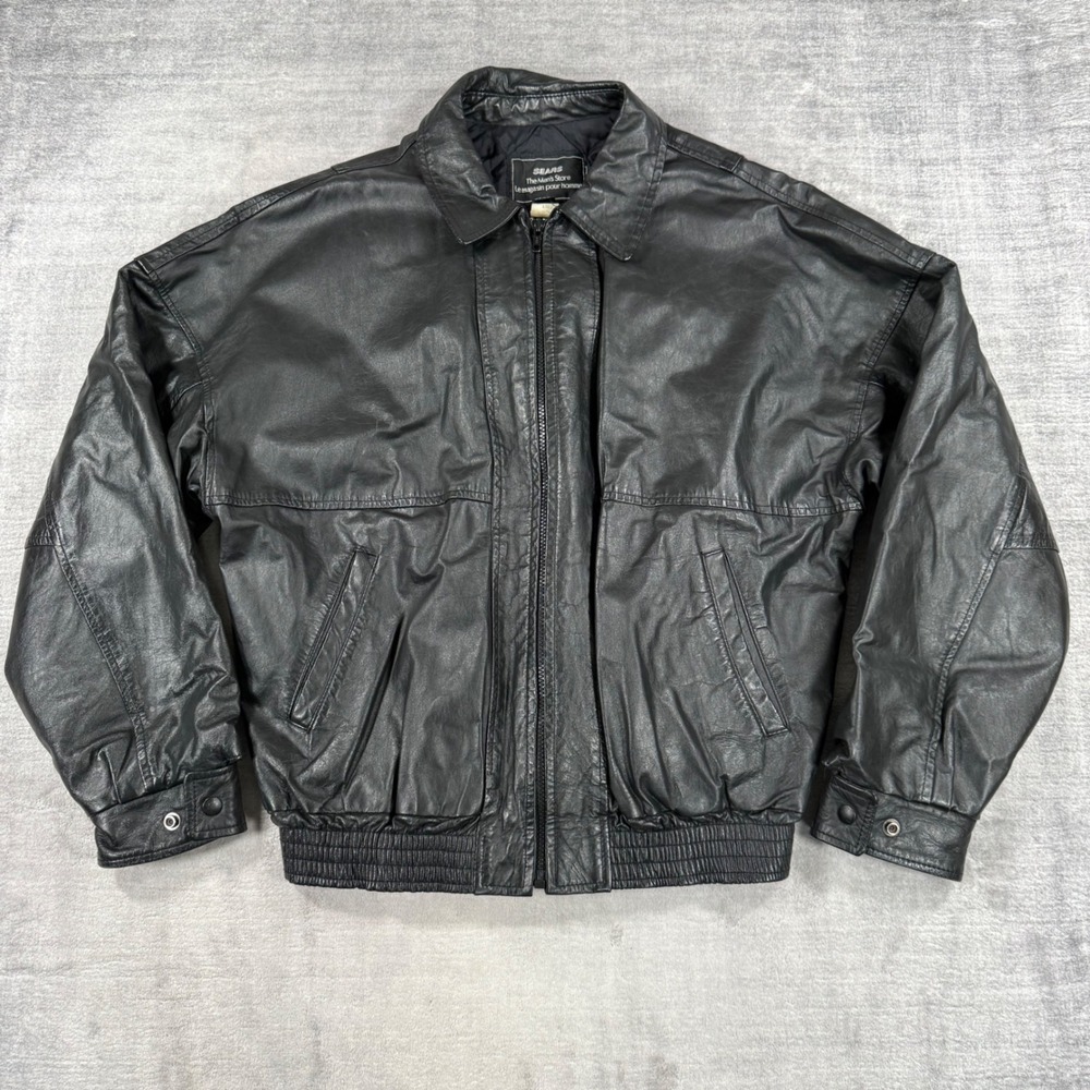 Sears Jacket Mens Large Black Vintage 90s Leather Quilt Lined Bomber Zip Up Coat